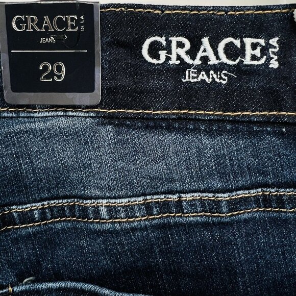 NWT Grace in LA Women Dark Wash Leopard Print Detail Flare Stretch Jeans Size 29 - Picture 11 of 12